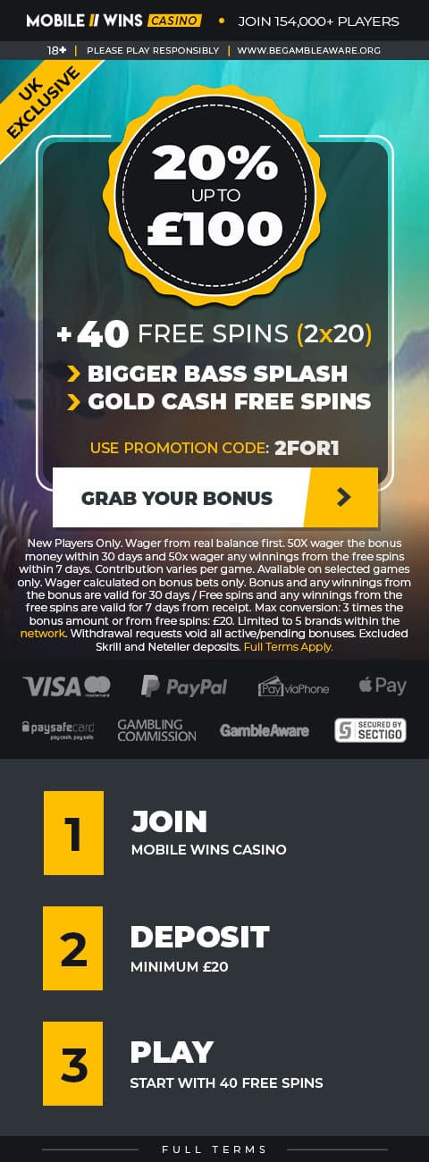 Casino | UK | 20% up to £100 + 40 free spins